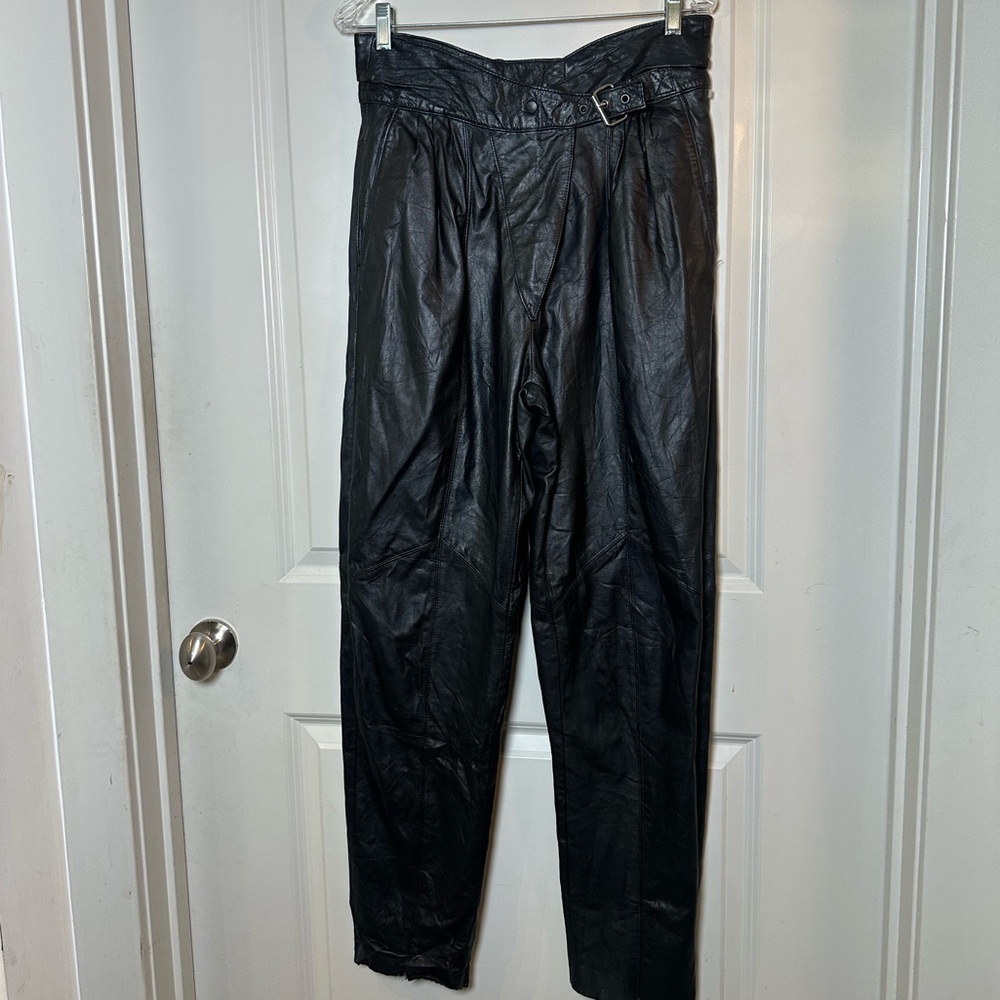 Vintage Cayenne Black Genuine Leather High Waist Pleated Tapered Belted Pants, M